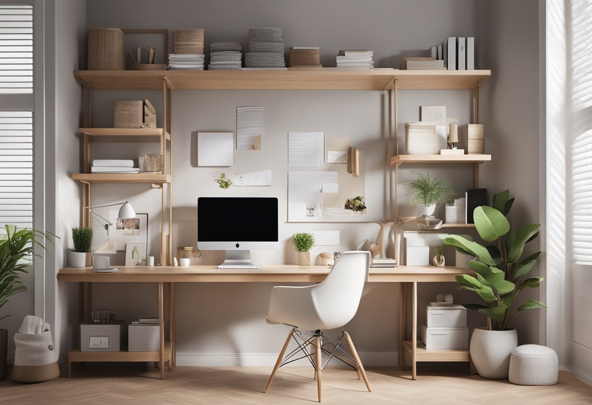 A clean, modern desk with personalized decor. Shelves hold neatly organized supplies. A cozy chair and bright, natural lighting complete the inviting home office space