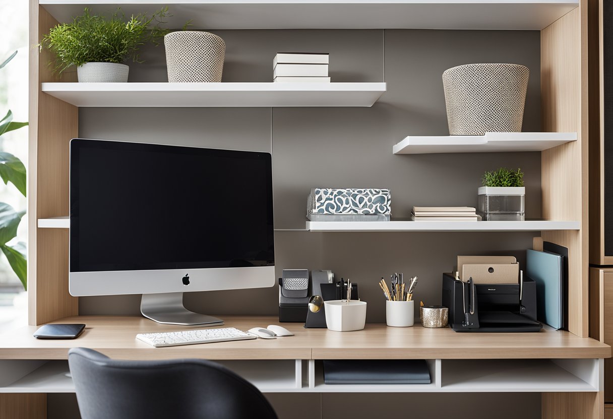 A modern home office with sleek, custom storage solutions. A stylish desk organizer, wall-mounted shelves, and a personalized filing system create a functional and personalized workspace