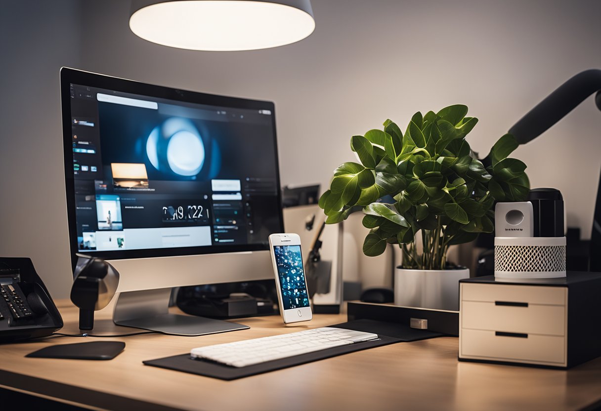 A sleek desk with tech gadgets and accessories neatly arranged. A stylish lamp and modern artwork add a personalized touch to the home office decor