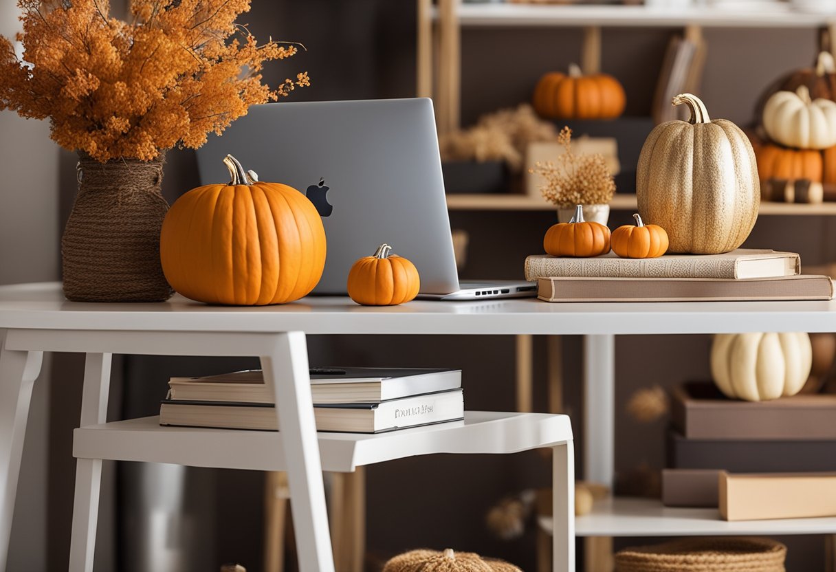 A home office with cozy fall decor: a desk with a pumpkin centerpiece, warm-colored throw pillows, and a shelf with autumn-themed knick-knacks