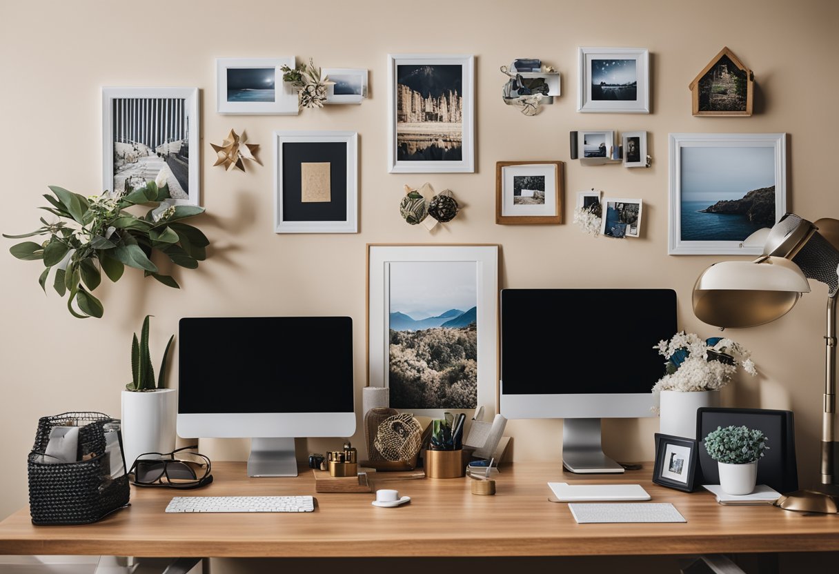 A home office desk cluttered with DIY decor projects, including personalized picture frames, custom wall art, and unique desk organizers
