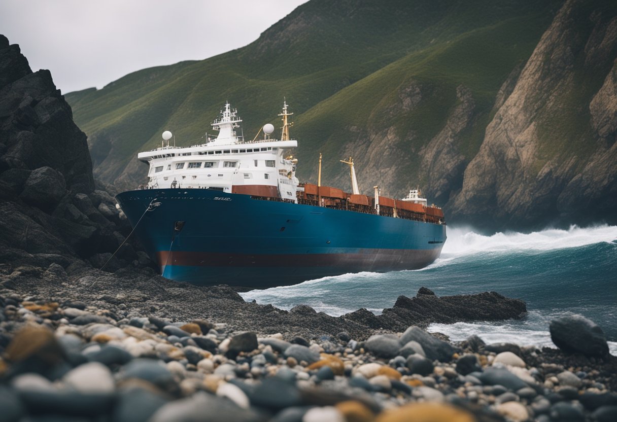 A ship collides with a rocky shoreline, causing damage and chaos. Maritime accident lawyers inspect the scene, taking notes and gathering evidence