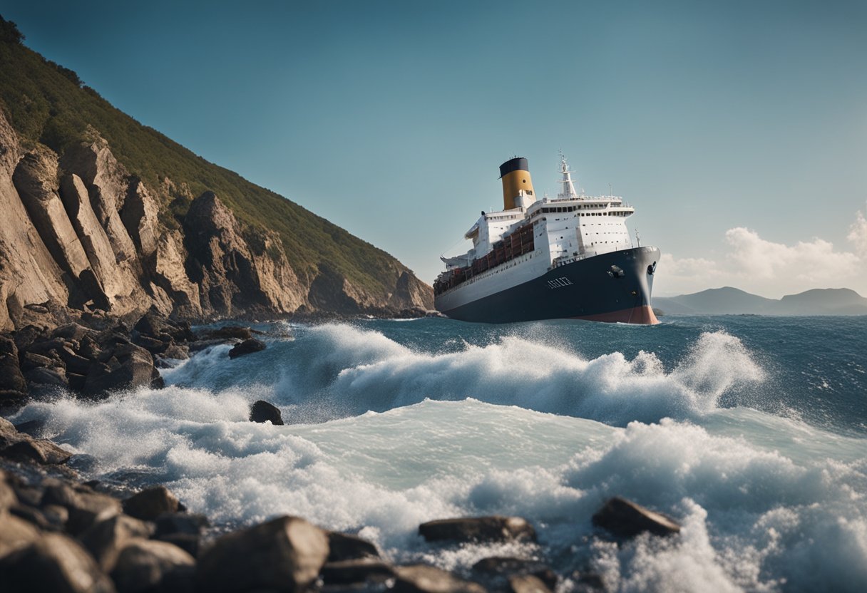 A ship collides with a rocky shore, spilling cargo into the water. Maritime accident lawyers gather evidence along the shoreline