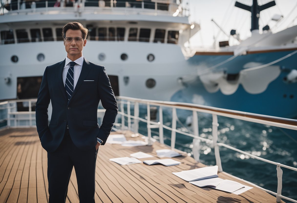 A maritime injury lawyer stands confidently on the deck of a ship, surrounded by evidence and legal documents, ready to fight for justice