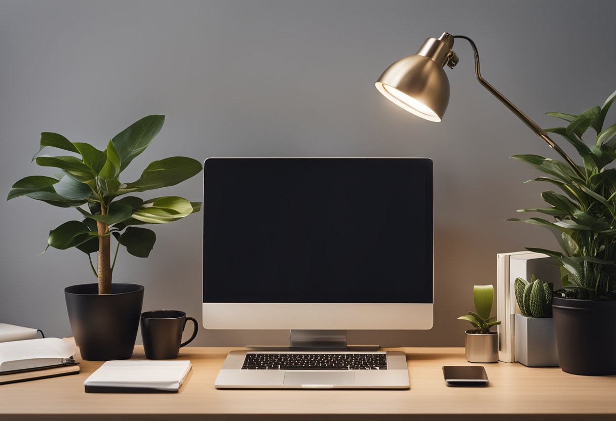 A clutter-free desk with a sleek laptop, a single potted plant, and a modern desk lamp. Clean lines, neutral colors, and uncluttered space