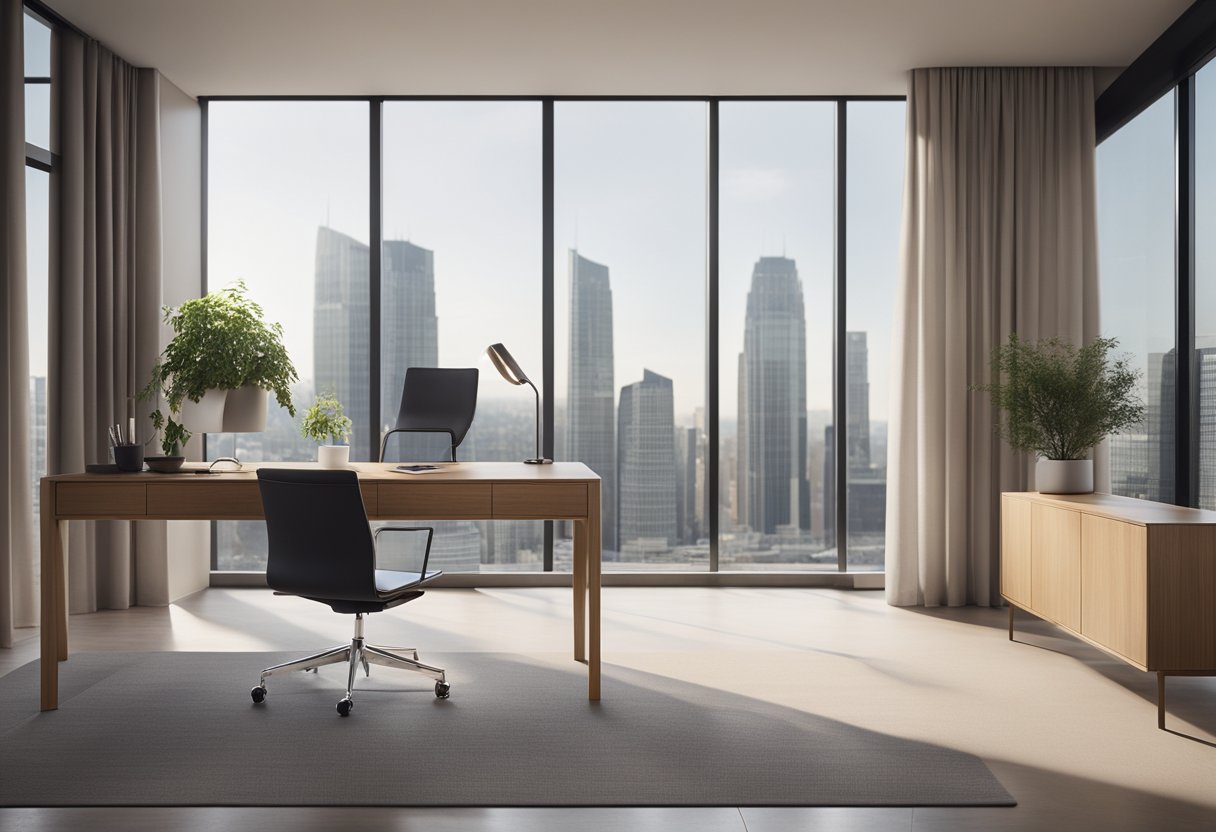 A sleek desk sits in front of a large window, casting natural light onto the minimalist office space. Clean lines and simple decor create a serene ambiance