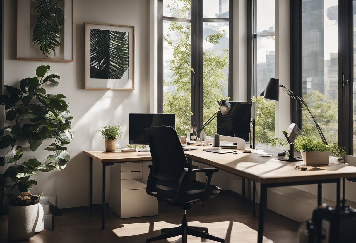 A well-lit workspace with adjustable desk lamps, natural light from a window, and overhead lighting. Various light sources illuminate the area, creating a bright and comfortable environment for work