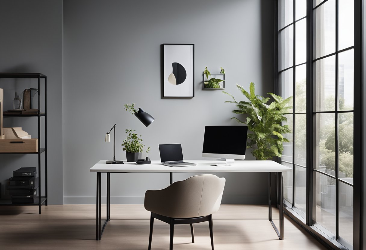 A sleek desk with a minimalist chair, a clean and uncluttered workspace, natural light streaming in through a large window, and a few carefully selected accessories for functionality and style