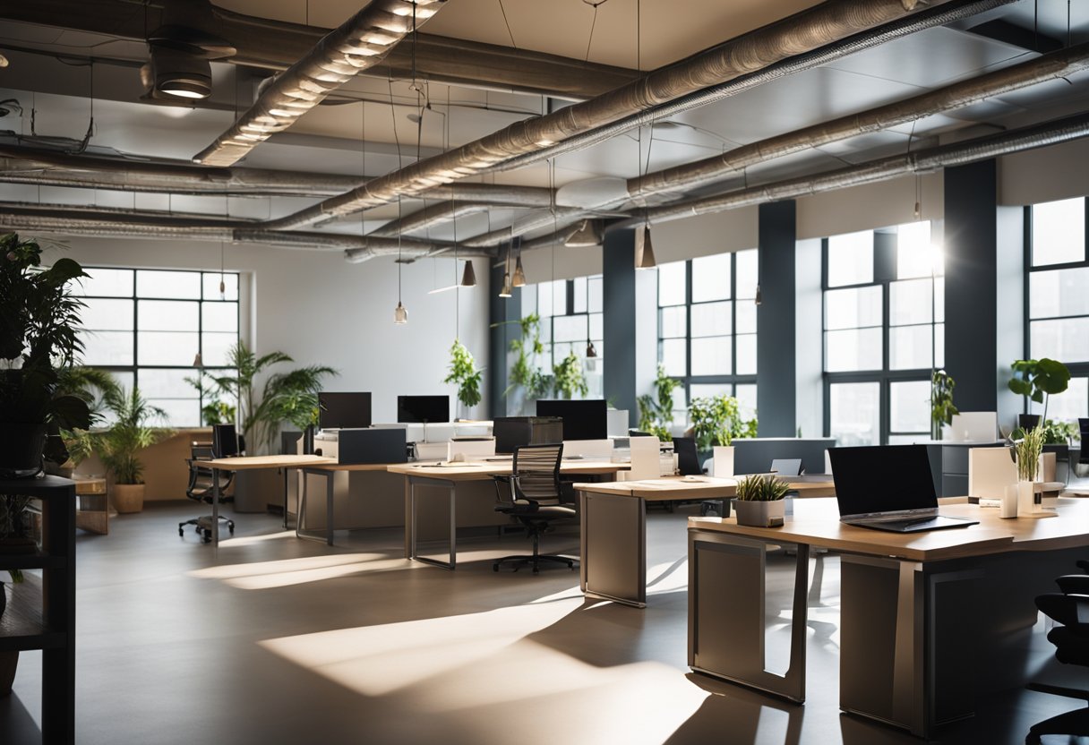A well-lit workspace with natural and artificial light sources, casting a warm and inviting glow. The light is evenly distributed, reducing harsh shadows and creating a comfortable and productive environment