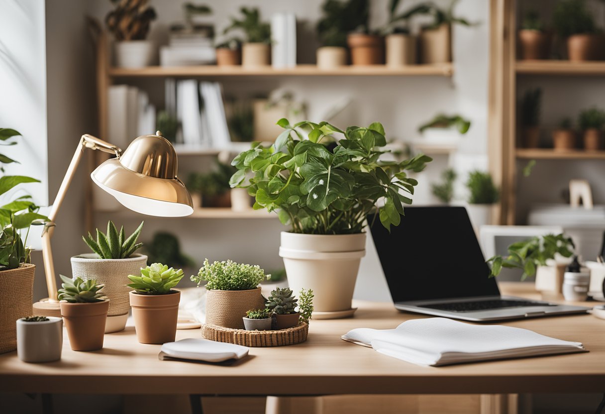 A bright, airy home office with recycled paper desk accessories, energy-efficient lighting, and potted plants. Sustainable materials and earthy colors create a calming, eco-friendly workspace