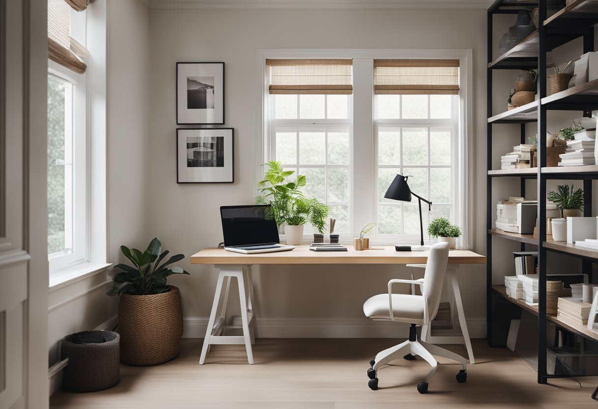 A clutter-free home office with simple desk, chair, and shelving. Minimalist decor, natural light, and clean lines create a serene work environment
