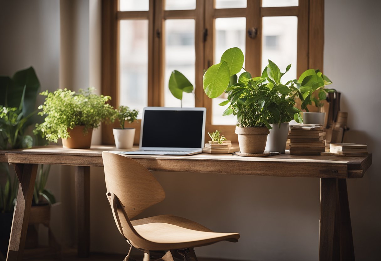 A desk made of reclaimed wood, a bamboo chair, and recycled paper accessories. A potted plant sits on the windowsill, and natural light fills the room
