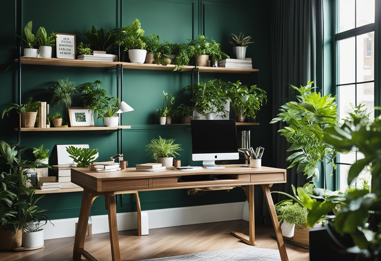 A bright home office with a large desk, bookshelves, and eco-friendly decor. Lush green plants are strategically placed around the room, adding a touch of nature to the workspace