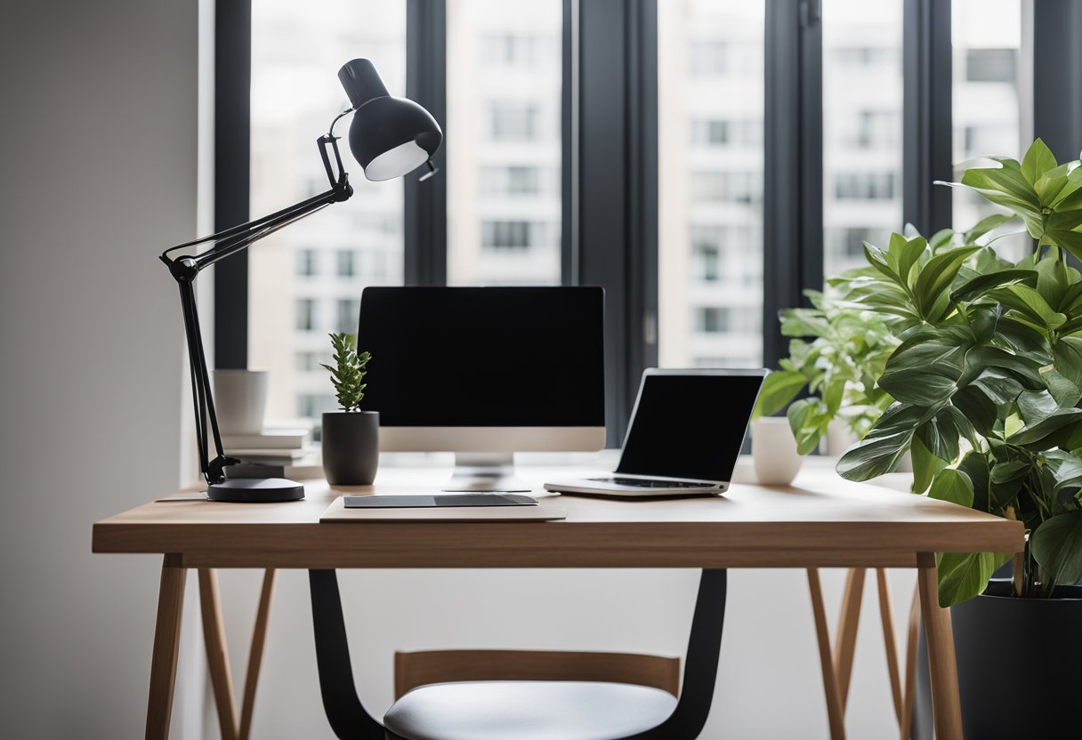 A clean, uncluttered desk with a sleek laptop, a single potted plant, and a modern desk lamp. The walls are adorned with simple, abstract artwork, and a large window lets in natural light