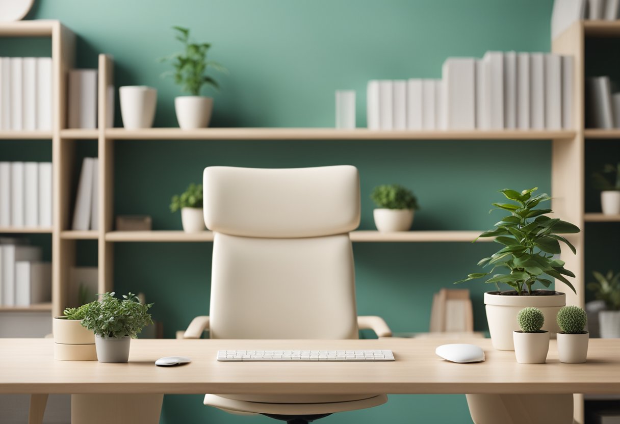 A clean, uncluttered desk with a potted plant, a soothing color scheme, and natural lighting. A minimalistic bookshelf, a comfortable chair, and a serene atmosphere