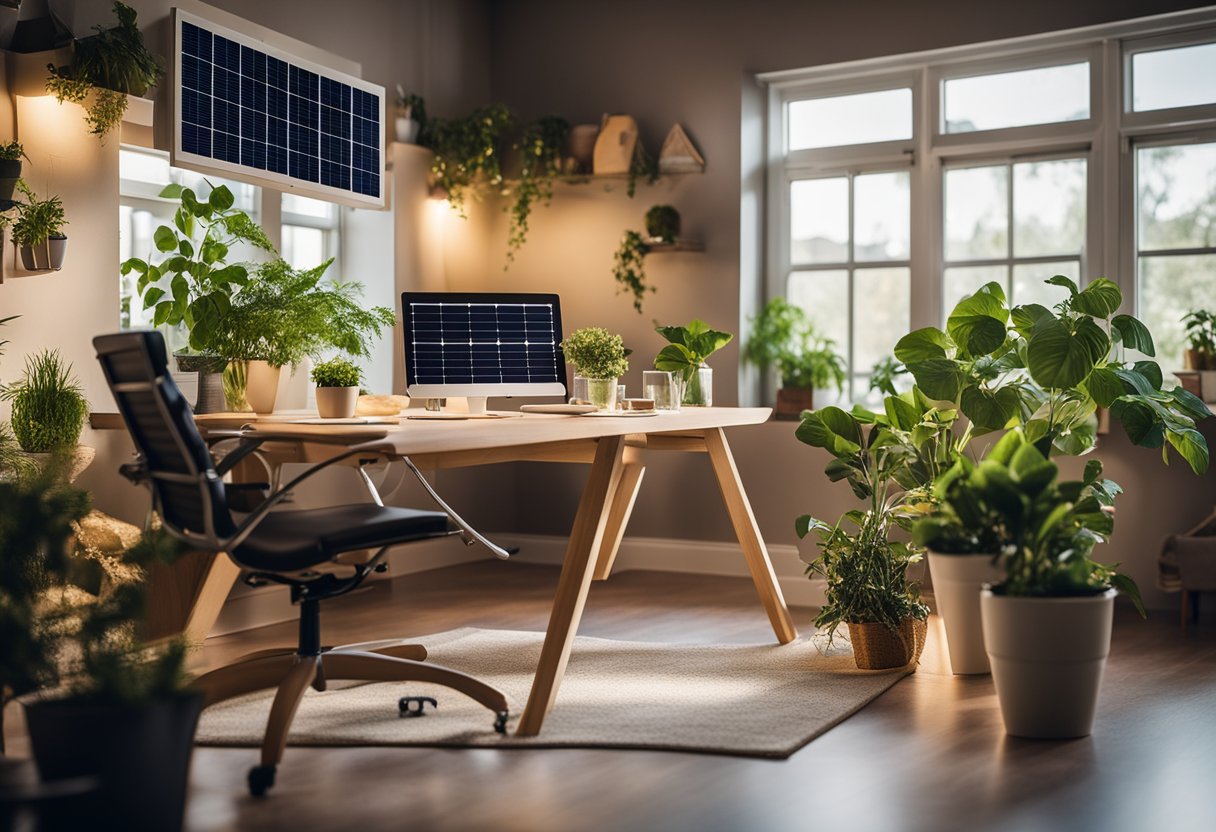 A home office with LED lighting, solar panels, and recycled paper decor. Plants, energy-efficient appliances, and natural light complete the eco-friendly scene