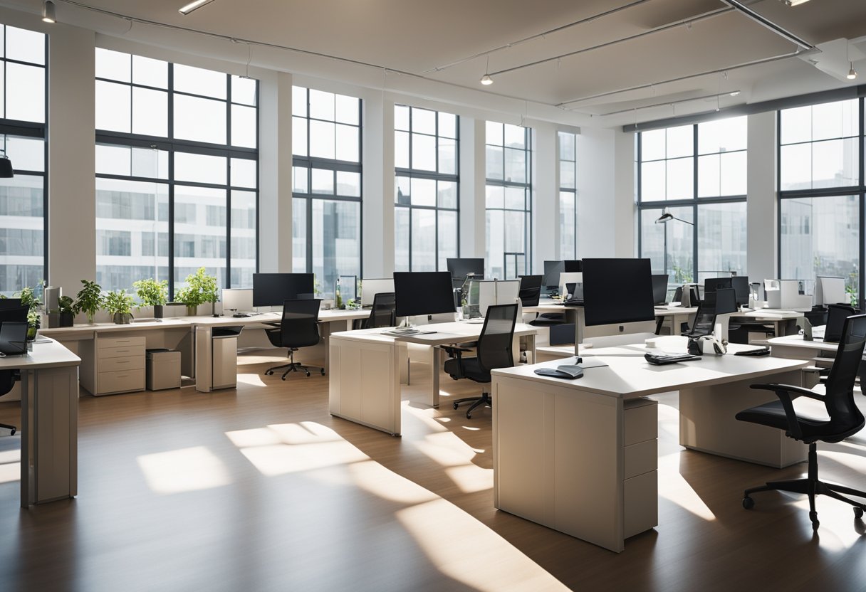 A brightly lit workspace with energy-efficient lighting, emphasizing sustainability. Natural light floods through large windows, supplemented by LED fixtures
