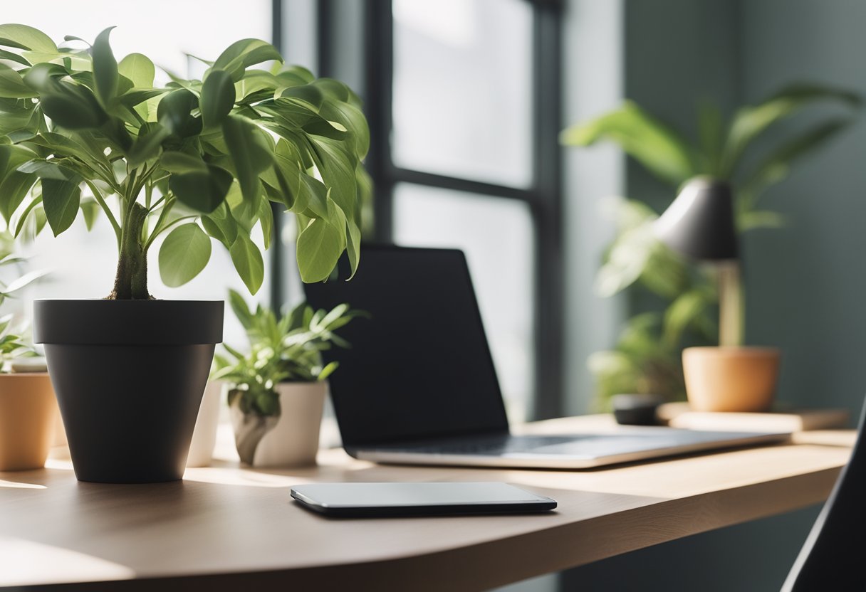 A clutter-free desk with a potted plant, natural light, and calming colors. A serene atmosphere with minimal distractions for a peaceful work environment