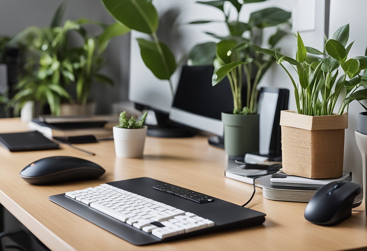 A clutter-free home office with recycled paper desk accessories, energy-saving LED lighting, and potted plants. A reusable water bottle sits next to a bamboo keyboard and mouse