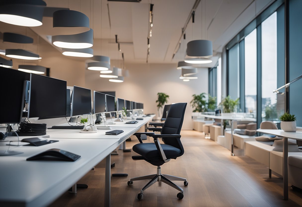 A bright, modern workspace with smart lighting technology illuminating the area. The lighting is evenly distributed, creating a comfortable and productive environment