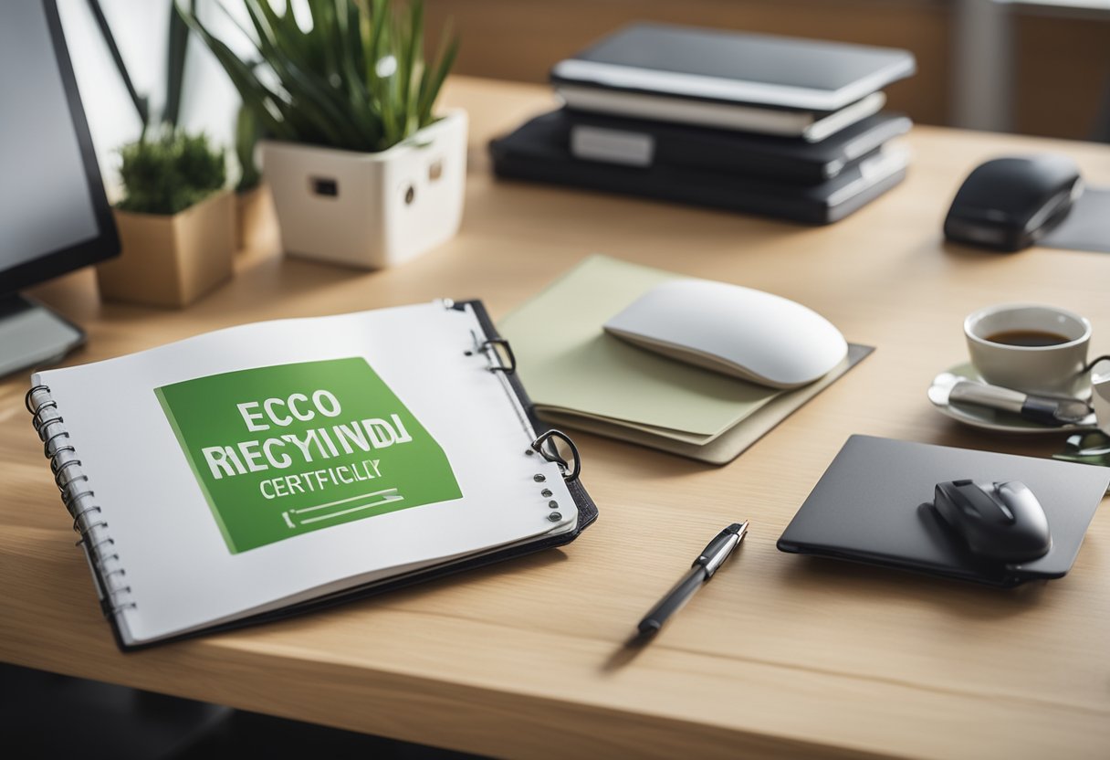 A desk with eco-friendly certifications and labels, surrounded by sustainable office decor like bamboo desk organizers and recycled paper notebooks