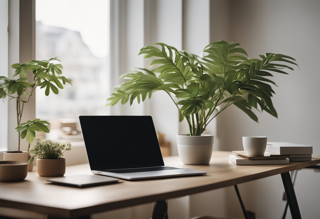 A minimalist desk with a laptop, potted plant, and calming decor. Soft lighting and natural elements create a serene atmosphere for a peaceful workspace