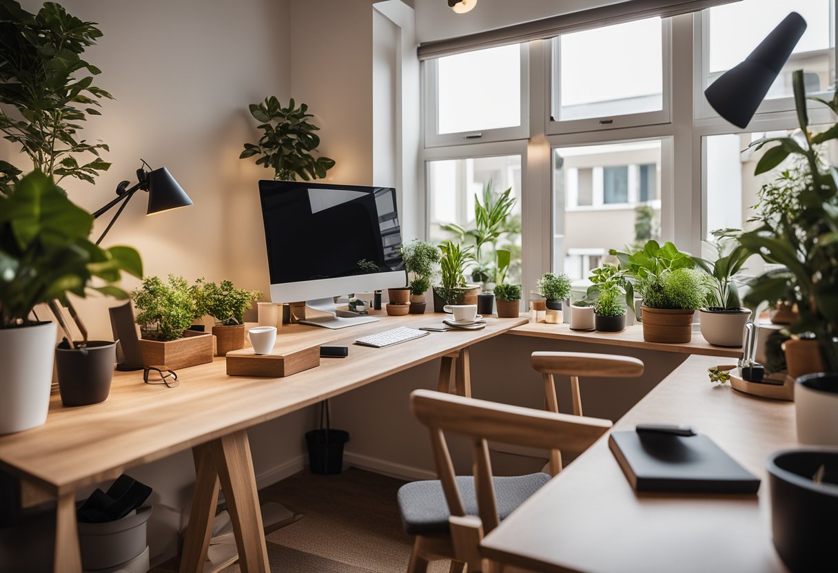 A clutter-free home office with natural light, potted plants, recycled paper desk accessories, and energy-efficient LED lighting