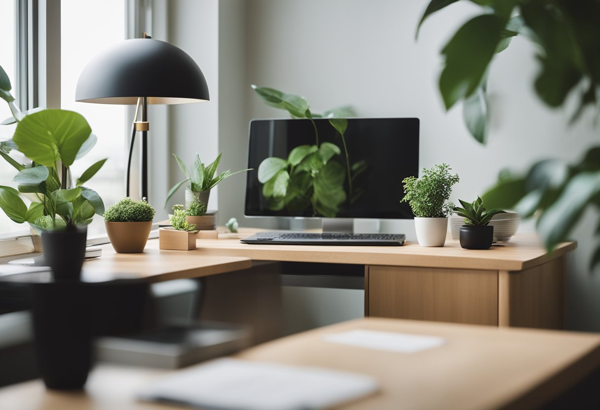 A clutter-free desk with a soothing color scheme, natural light, and minimal decor. A small indoor plant and a tranquil scent diffuser add to the serene atmosphere