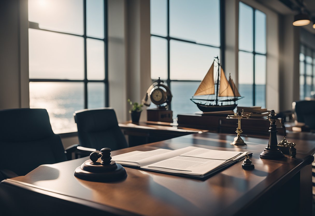 A maritime injury law firm office with nautical decor, large windows overlooking the ocean, and a desk cluttered with legal documents and a scale model ship