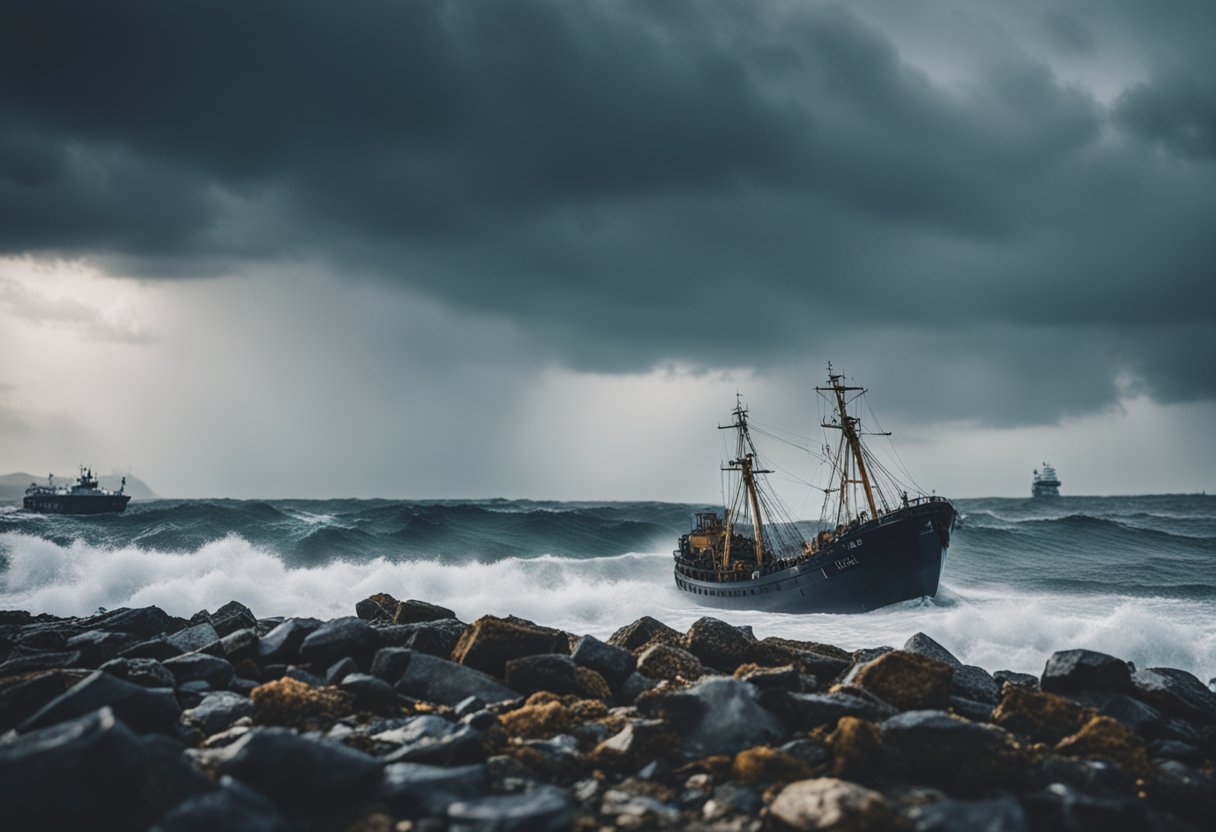 A stormy sea with a damaged ship, a distressed crew, and a legal team offering assistance