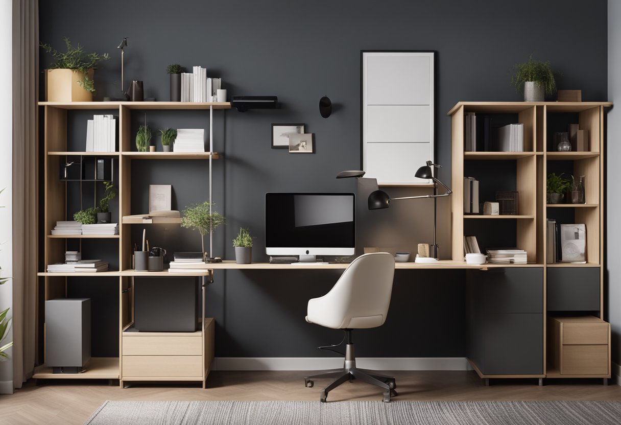 A sleek desk with hidden drawers, a bookshelf with sliding panels, and a stylish filing cabinet seamlessly blend into the modern home office