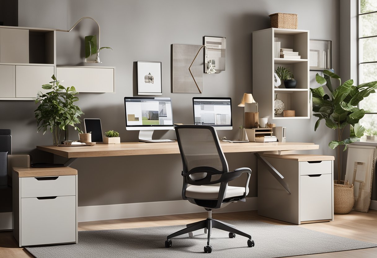 A well-lit home office with flexible furniture arrangements, integrated storage, and ergonomic workstations. A balance of form and function with a neutral color palette and natural materials