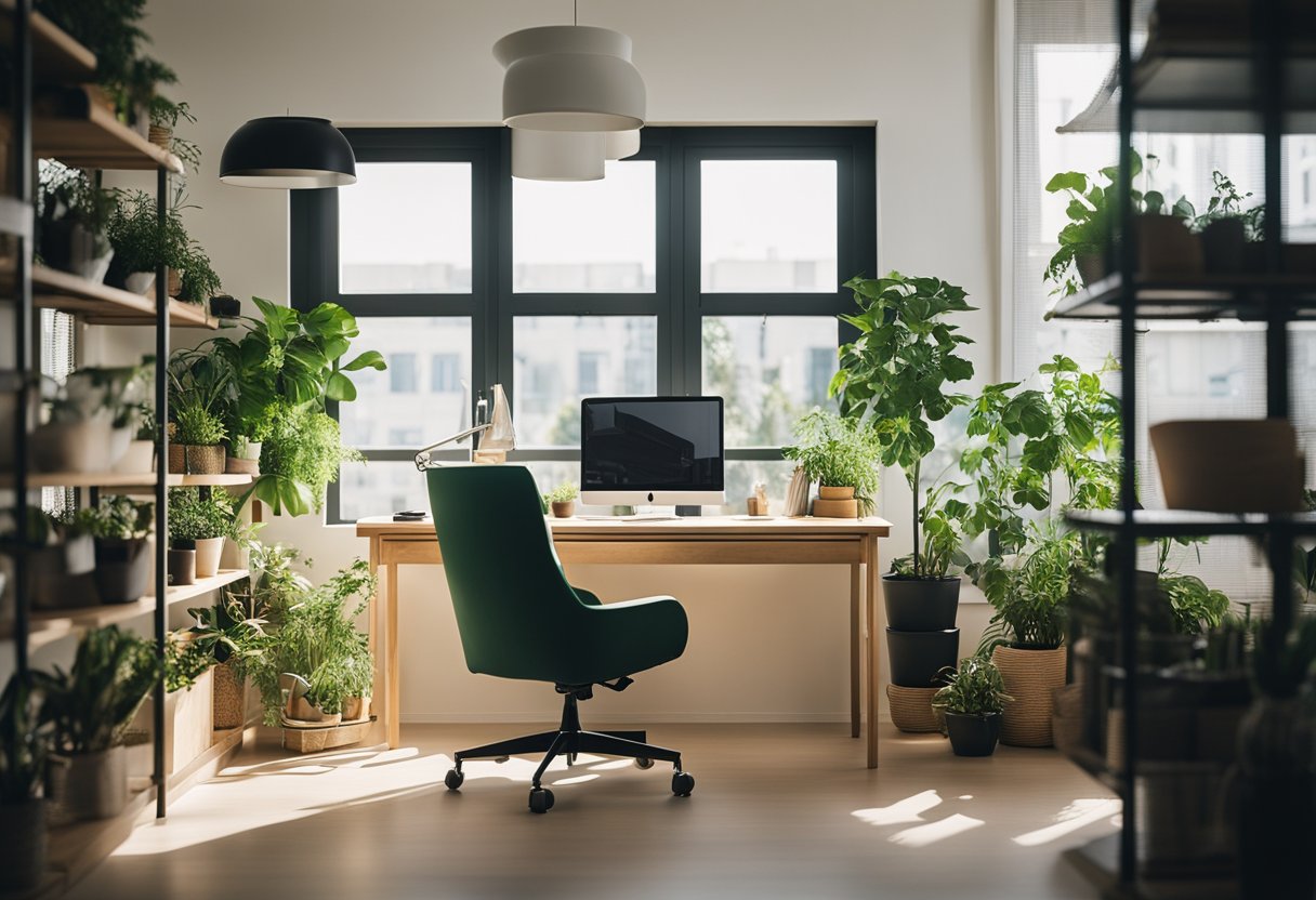 A spacious desk with adjustable height, a supportive chair, and organized storage shelves in a well-lit room with natural light and green plants