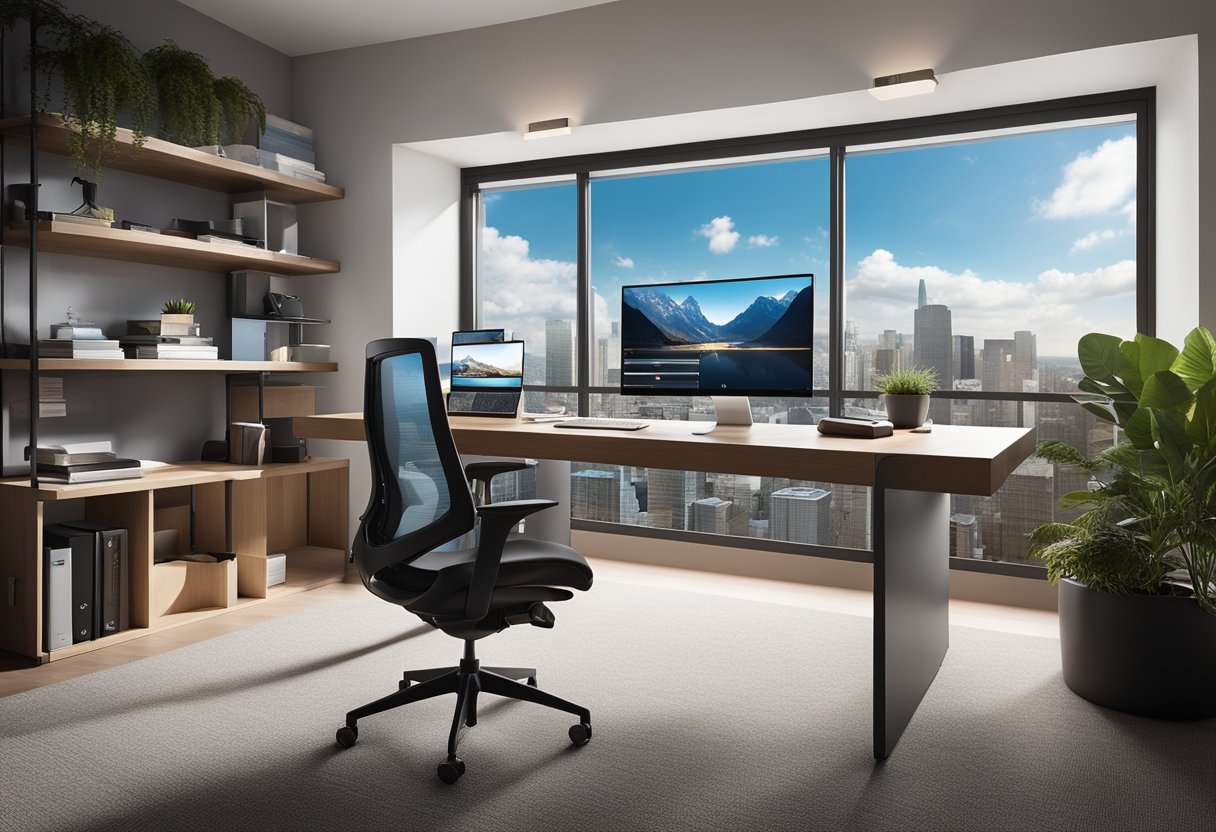A sleek desk with built-in charging stations, a comfortable ergonomic chair, and adjustable shelving for organizing office supplies. A large window provides natural light, while smart home devices control lighting and temperature