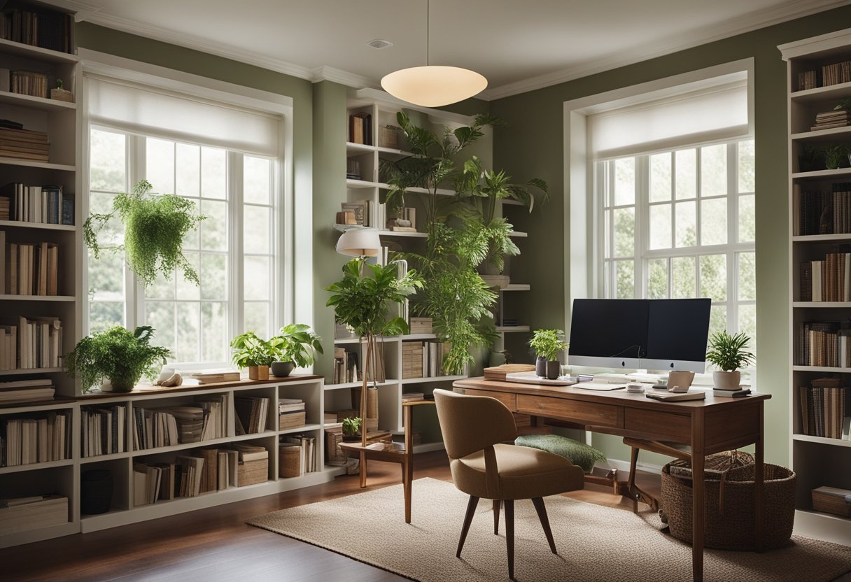 A cozy home office with a desk, bookshelves, and comfortable seating. Natural light streams in through a window, illuminating the space. A plant adds a touch of greenery, creating a calm and inviting atmosphere