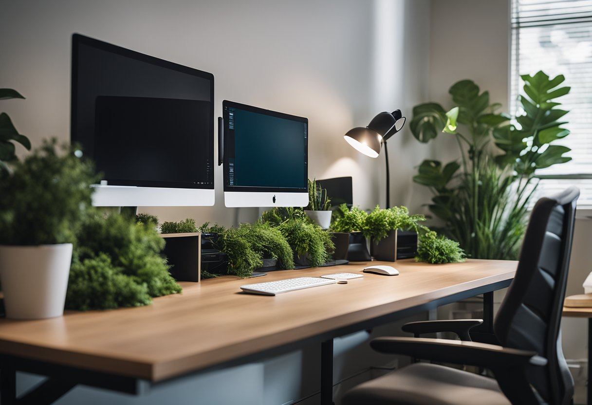 A clutter-free desk with dual monitors, ergonomic chair, and storage solutions. Natural light and greenery add a touch of tranquility
