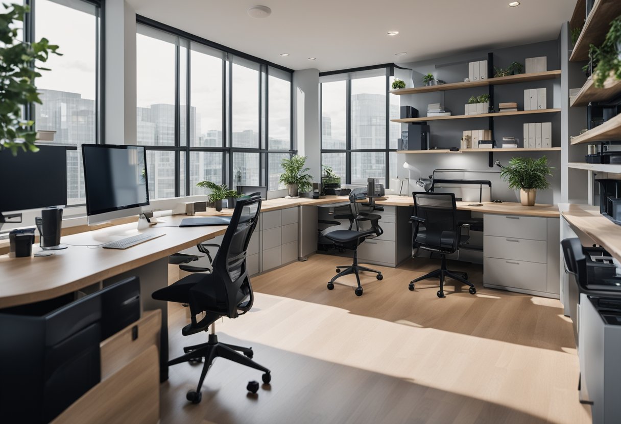 A spacious, well-lit home office with adjustable desks, ergonomic chairs, and accessible shelving for storage. A clear pathway for wheelchair access and ample natural light for a comfortable work environment