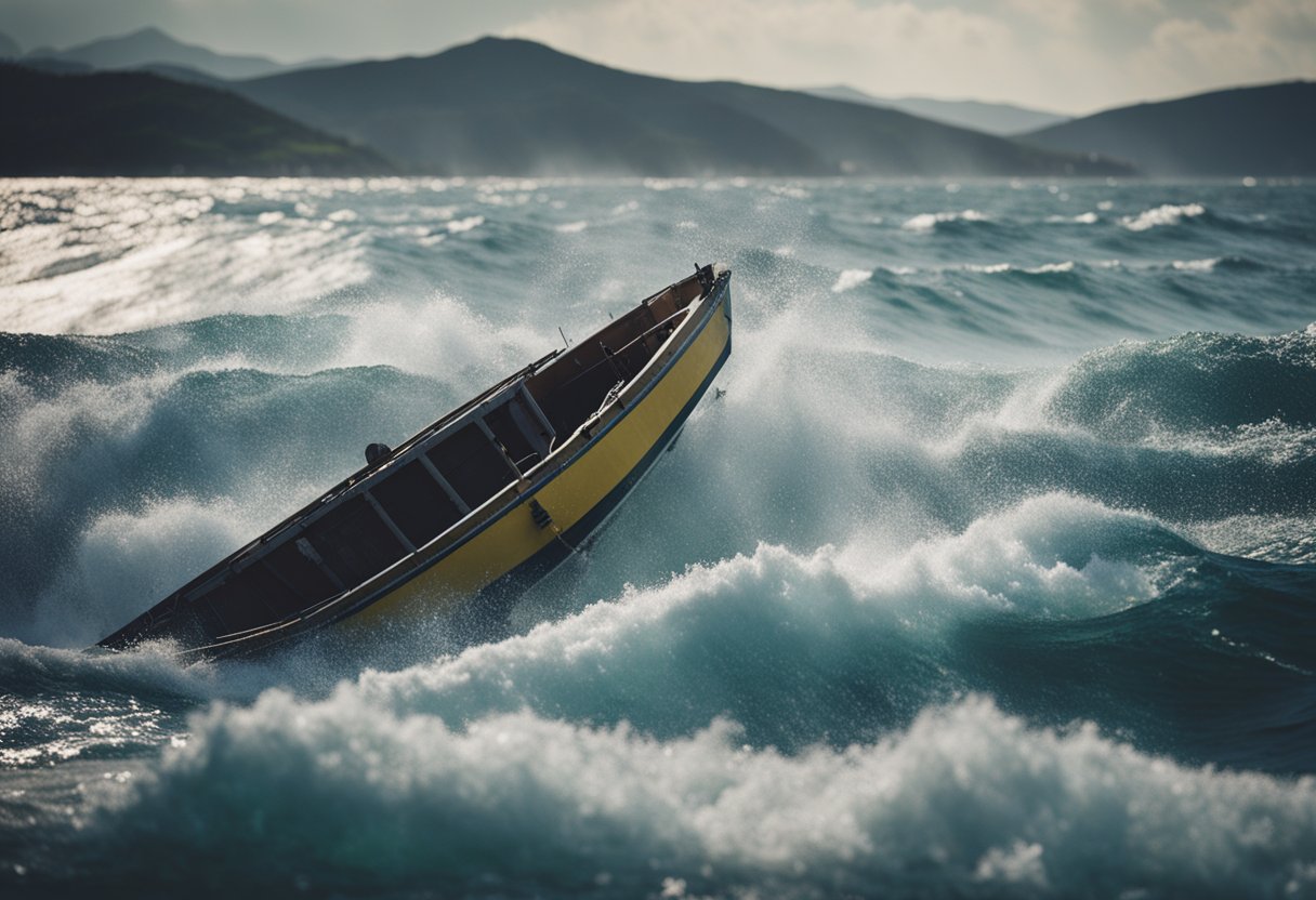 A boat capsizes in rough waters, while a distressed individual signals for help