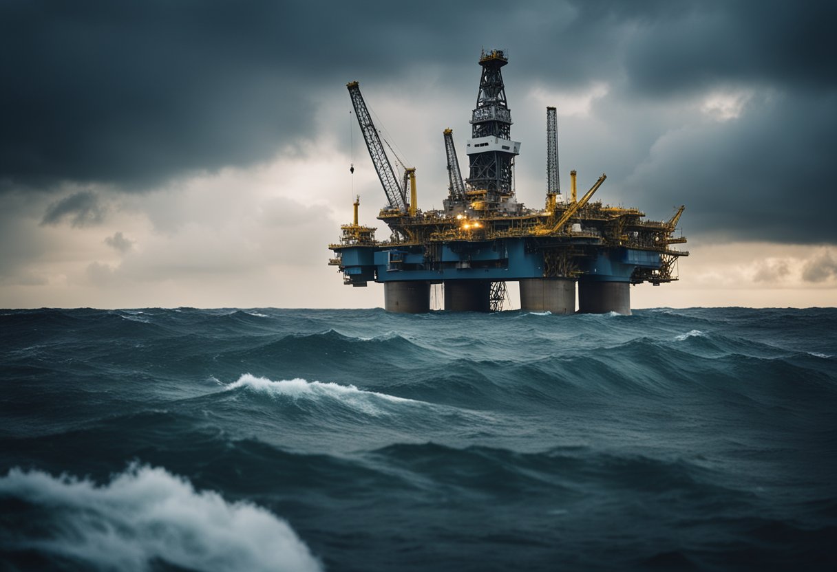 A large offshore drilling rig tilts precariously in stormy waters, with dark clouds looming overhead. Debris and equipment are scattered across the deck, indicating a recent accident