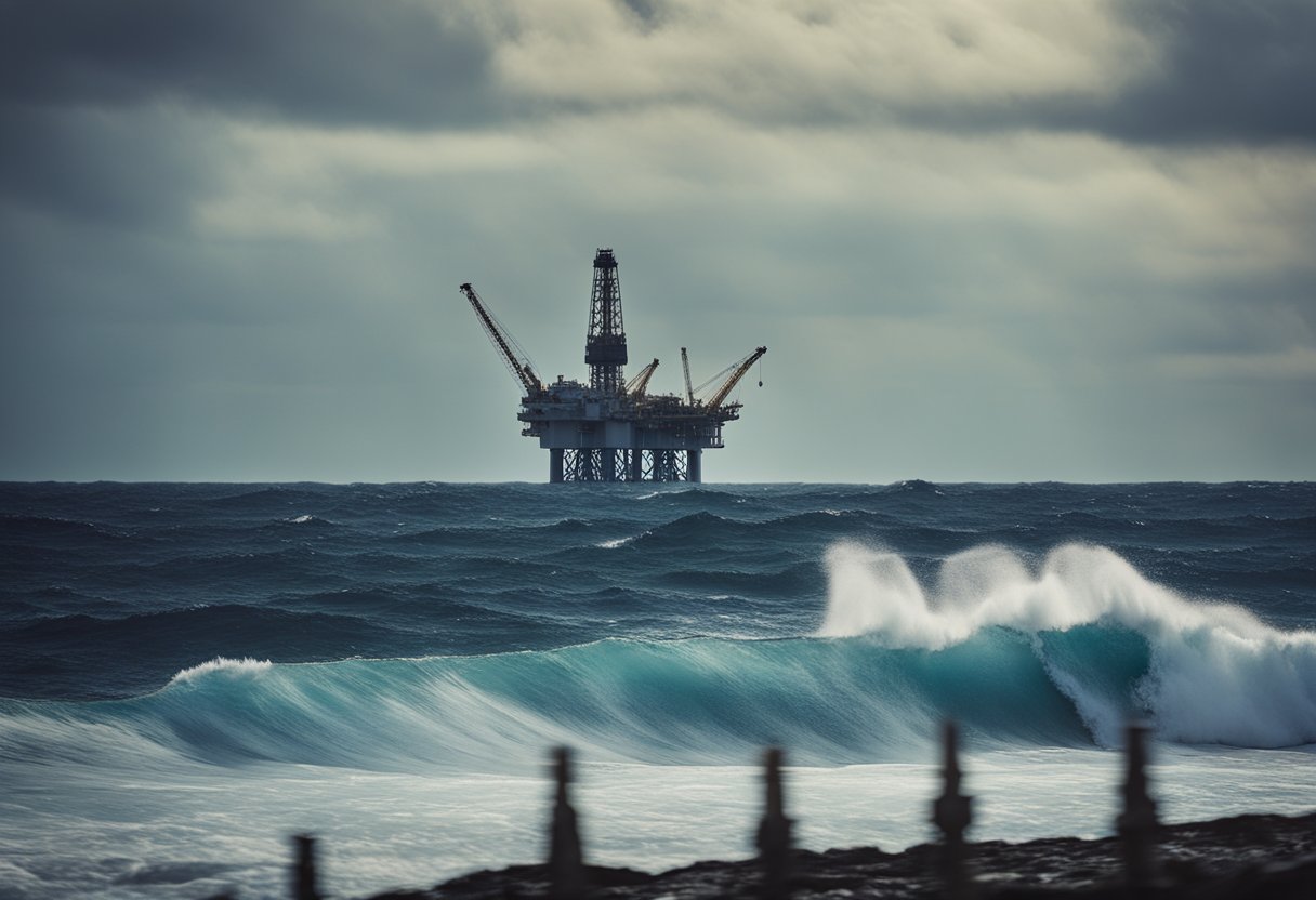 Waves crashing against an oil rig, with a damaged pipeline leaking into the ocean. A distressed vessel is seen in the distance