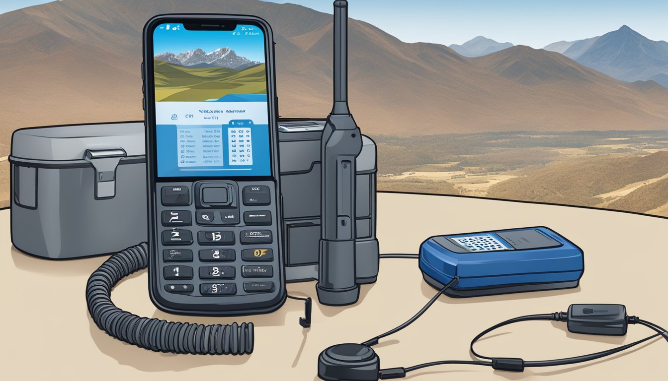 The blue Cosmo Iridium Extreme sat phone sits on a rugged outdoor table with a backdrop of mountains and a clear blue sky. A message and data service tip sheet is laid out next to the phone