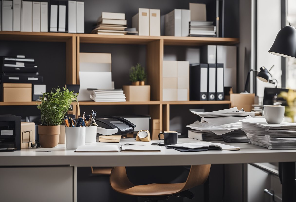 A cluttered desk with scattered papers and disorganized shelves. After: A tidy, organized workspace with a sleek desk and stylish storage solutions