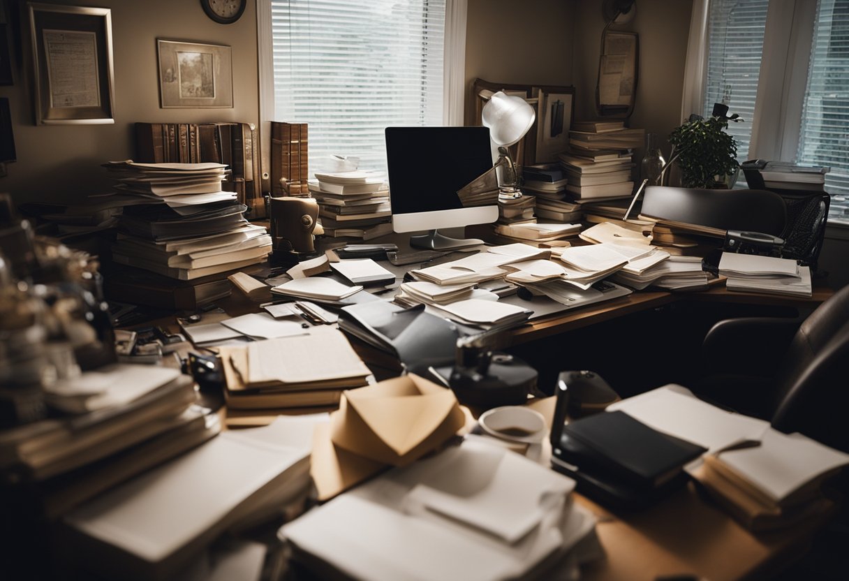 A cluttered desk with scattered papers, disorganized shelves, and outdated decor in a dimly lit home office