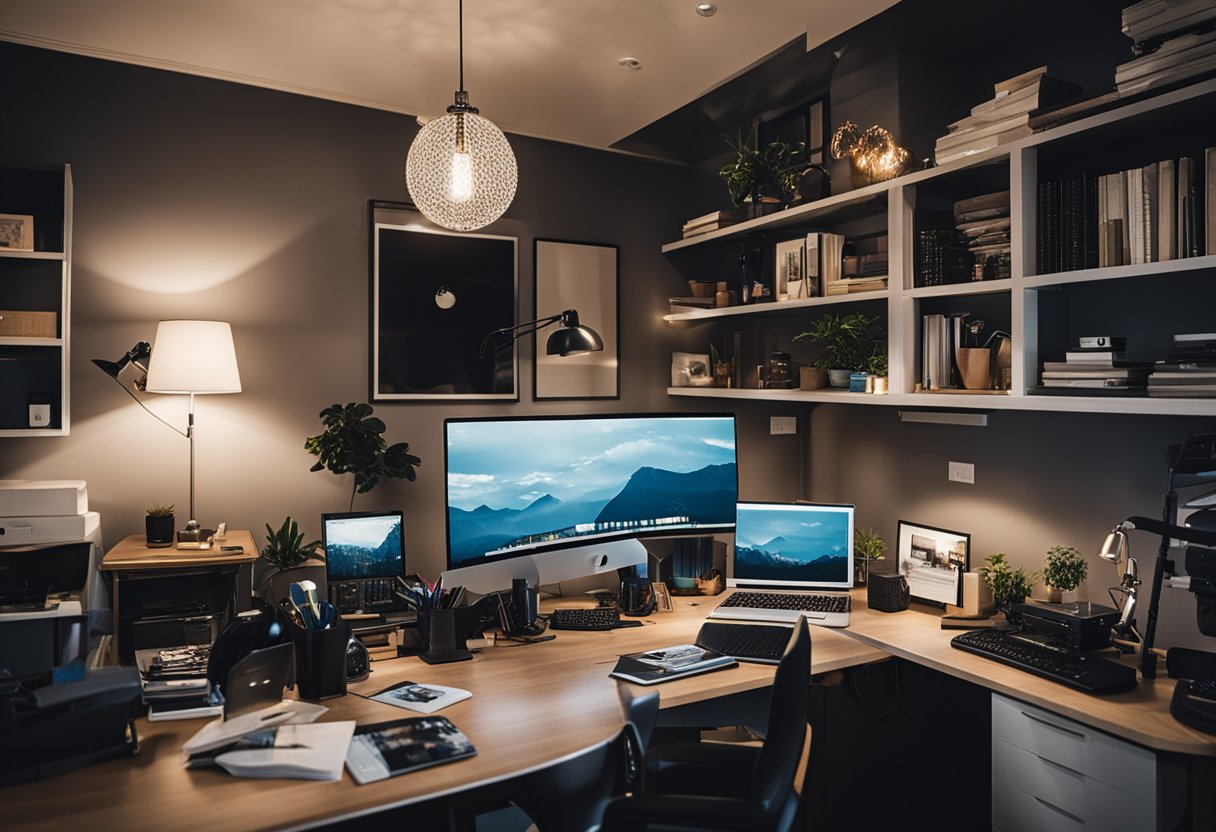 A cluttered, dimly lit home office with outdated furniture and disorganized shelves transforms into a bright, modern workspace with sleek decor and functional storage solutions