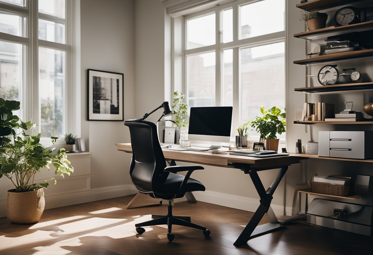 A cluttered, disorganized home office transforms into a sleek, functional workspace. Bright natural light streams in through a large window, illuminating a tidy desk with modern decor and a comfortable chair