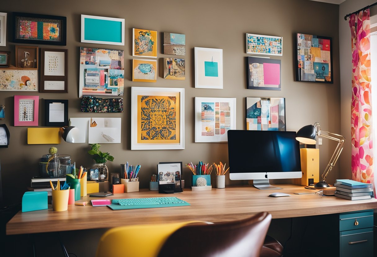 A cozy home office with vibrant colors and quirky decor, reflecting the owner's creative and energetic personality. A large desk with colorful stationery, inspiring artwork on the walls, and a comfortable chair for long hours of work