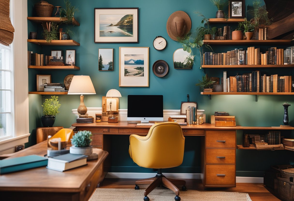 A cozy home office with a vintage desk, eclectic bookshelves, and a comfortable chair. Vibrant colors and unique decor items reflect the owner's personality