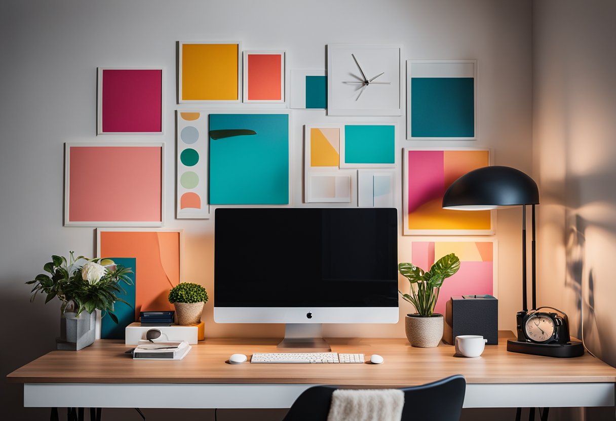 A home office with vibrant color schemes, featuring wall decor that reflects the occupant's personality. Bright, energetic colors and personalized artwork create a lively and inspiring workspace