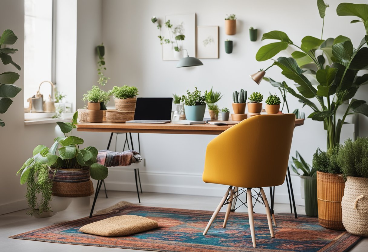 A desk with colorful organizers, a cozy chair, and a patterned rug in a bright, airy room with plants and personal touches