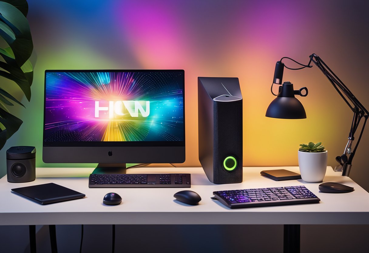 A sleek desk with a high-tech computer, smart speakers, and colorful gadgets. A cozy chair with a personalized mug and a vibrant wall art display
